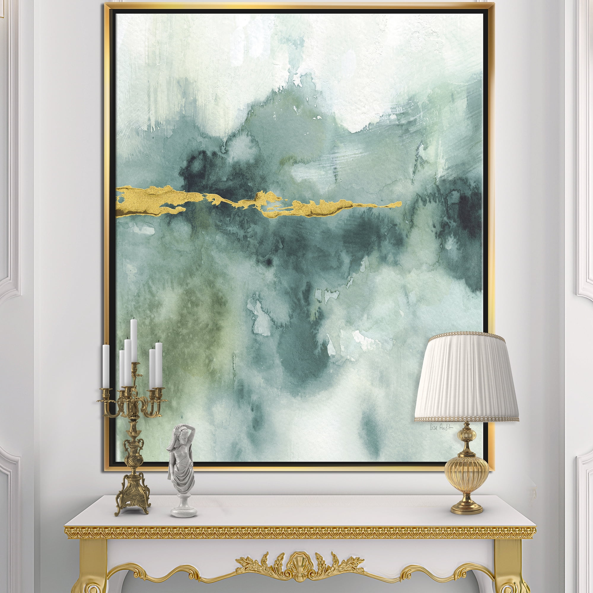 Designart ' Blue Watercolor Impression with Gold ' Traditional Framed Canvas