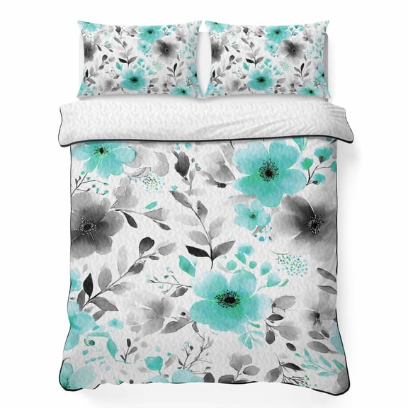 Quilts King Size Bedding Set, Teal Spring Floral Lightweight Quilted Comforter, Elegant Pastoral Flowers Farmhouse Art Soft Reversible Bedspread Coverlet with Pillow Covers for All Season, 96" x 106"