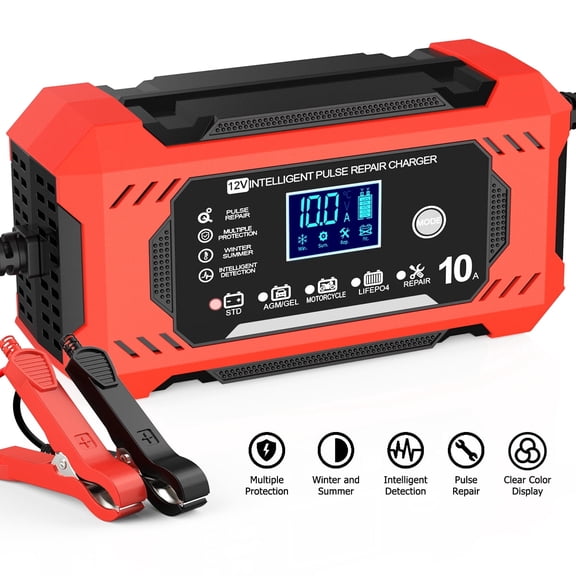 12V/10A Car Battery Charger, Battery Charger with Temperature Compensation Auto Stop, Multimodal Trickle Charger with Digital Display Screen, Touch Screen Battery Maintainer for Car Motorcycle