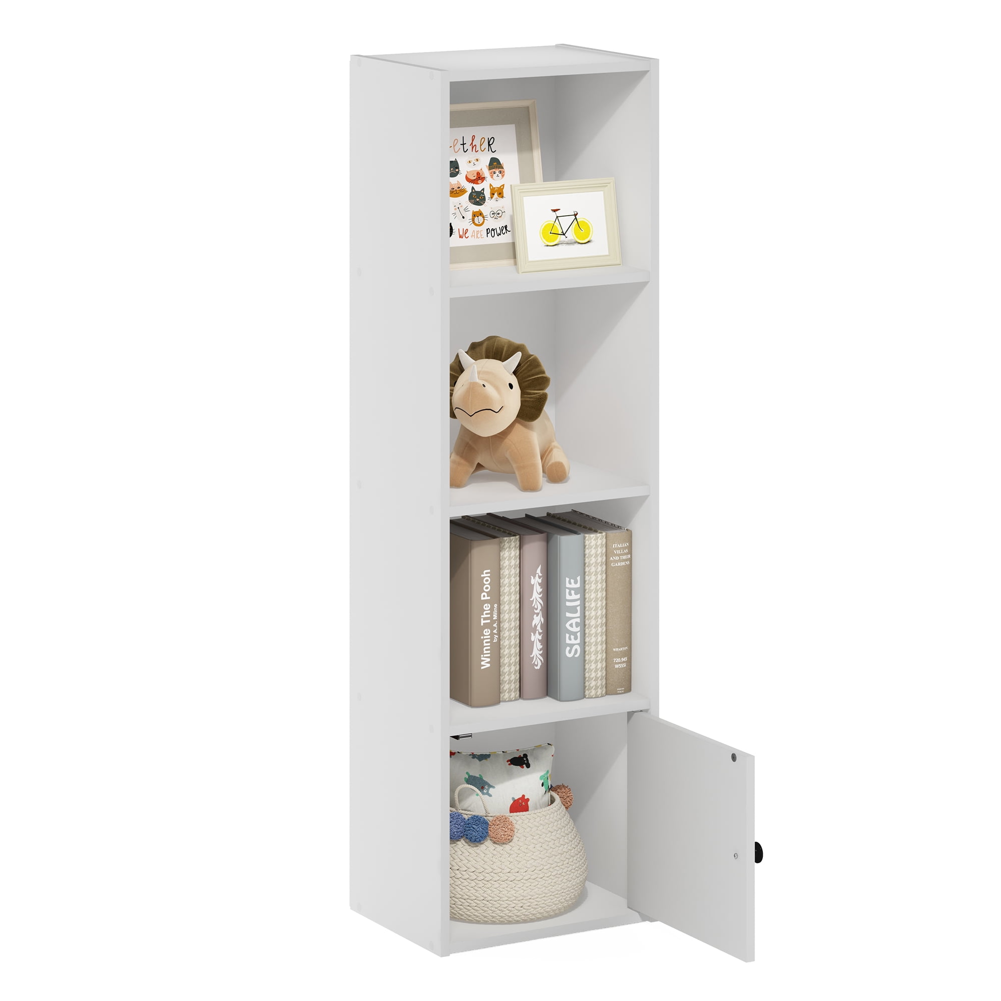 Furinno Luder Adult 4-Tier Shelf Bookcase with 1 Door Storage Cabinet, White