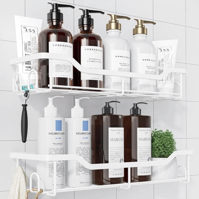 Shower Caddy Large - Adhesive Shower Organizer, Stainless Steel Shower Shelf for Inside Shower, No Drill Bathroom Organizers and Storage, Home Decor Accessories, 2 Pack, Black,Blanco