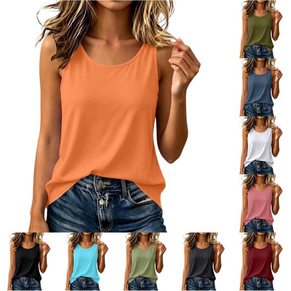 xfsWaSs Sleeveless Tank Tops for Women Summer Crewneck Sleeveless Top Loose Fit Casual T Shirts Solid Color Basic Racerback Tank Tops