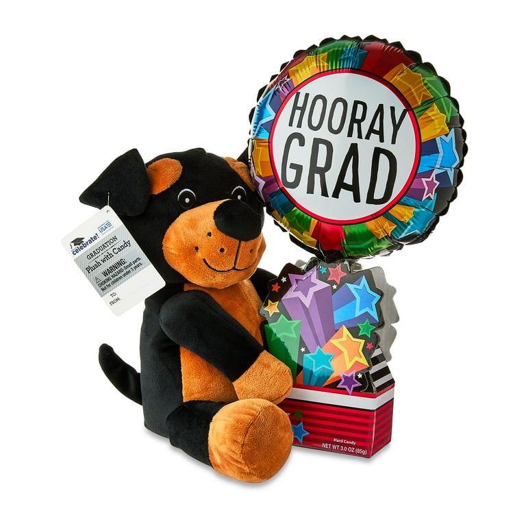Graduation Black Dog Plush with Hooray Grad Balloon and Hard Candy, 13 in, by Way To Celebrate