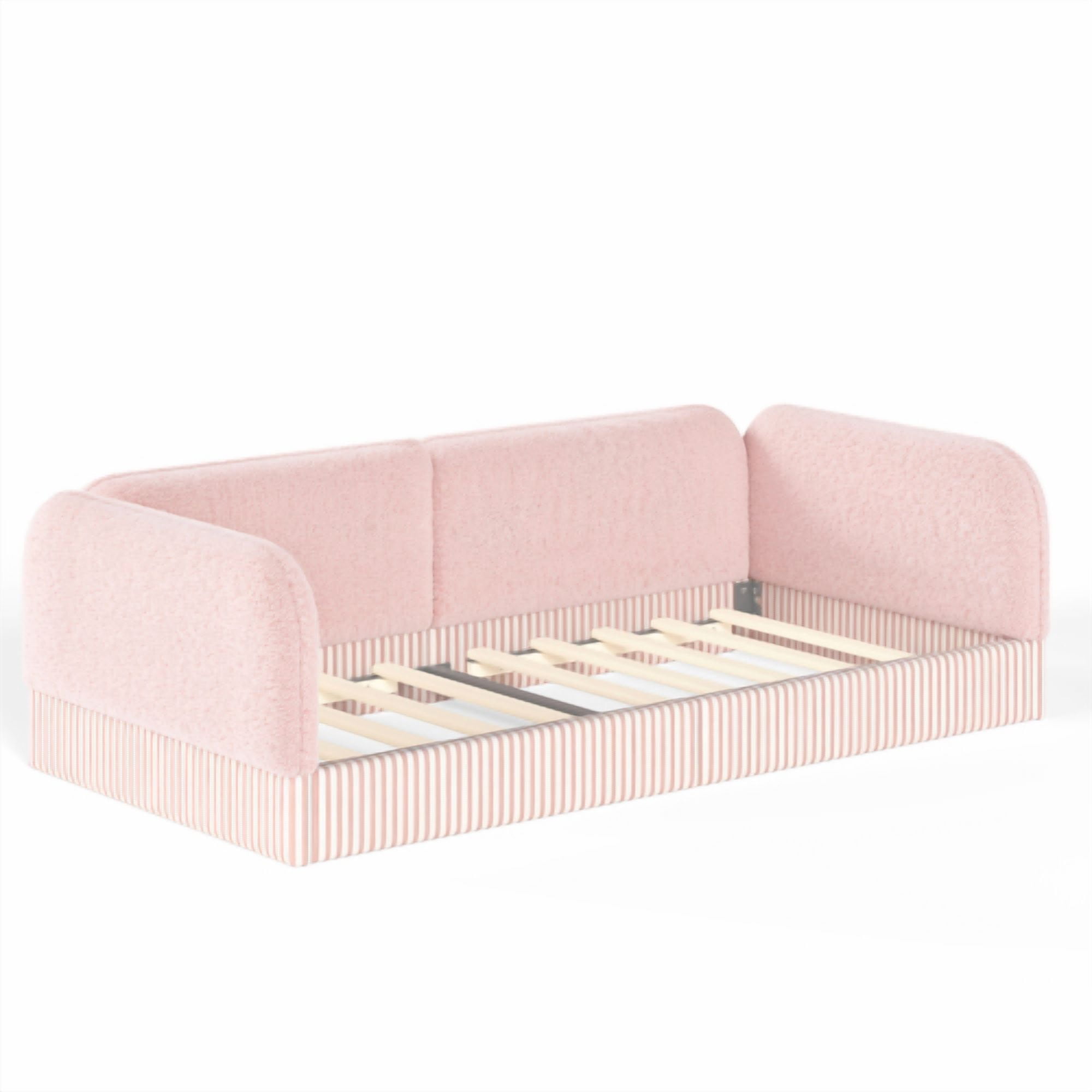 Twin Size Upholstered Teddy Fleece Floor Bed Frame, Half-Enclosed Montessori Low Profile Platform Bed with Full-Perimeter Guardrails for Kids, Pink