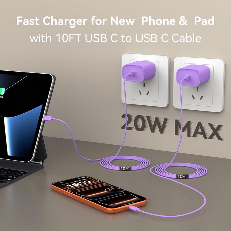 Phone Charger Fast Charging 10FT, 3Pack 20W PD USB C Block , Compatible with Phone 14 Pro 13 Pro Max 12 11 Pro Mini,pink,purple,green