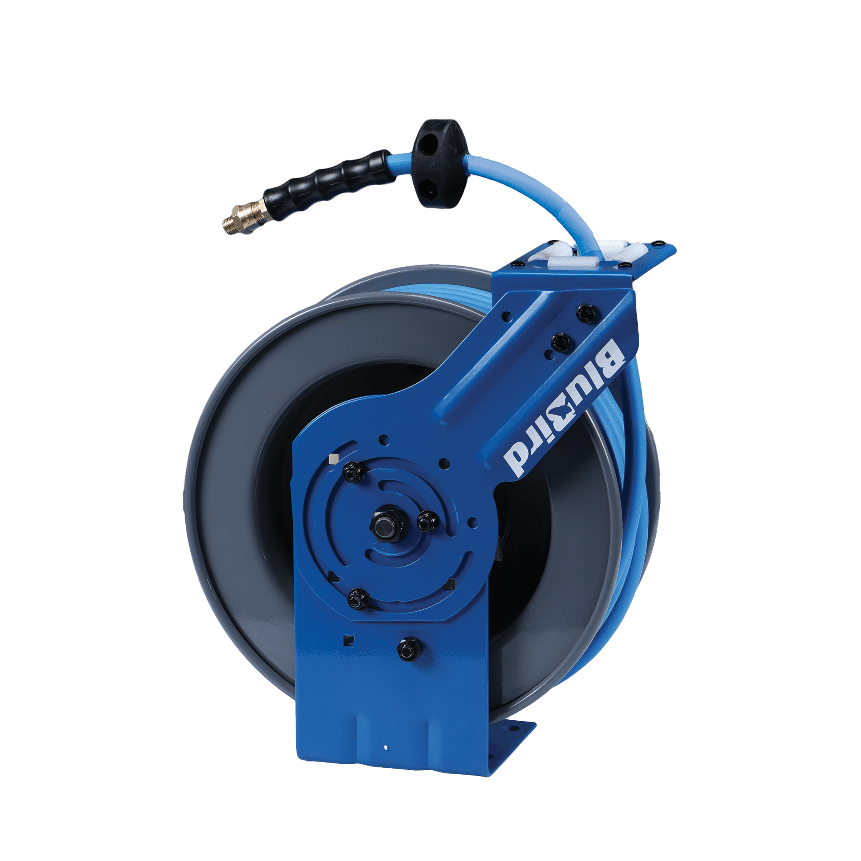 BluBird 3/8" x 50' Retractable Air Hose Reel – All-In-One Patented Design with 5-in-1 Coupler, 180° Swivel Mount, Heavy-Duty Steel, Rubber Hose, Auto Rewind