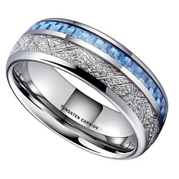 Wedding Ring Men Women. 8mm Silver Tungsten Band Blue Carbon & Meteorite