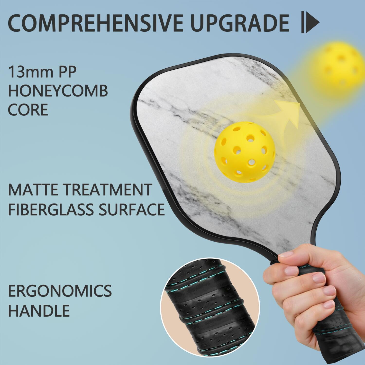 Pickleball Paddles Set Of 2, Fiberglass Surface, Turquoise Marble Pattern, 4 Balls & Bag