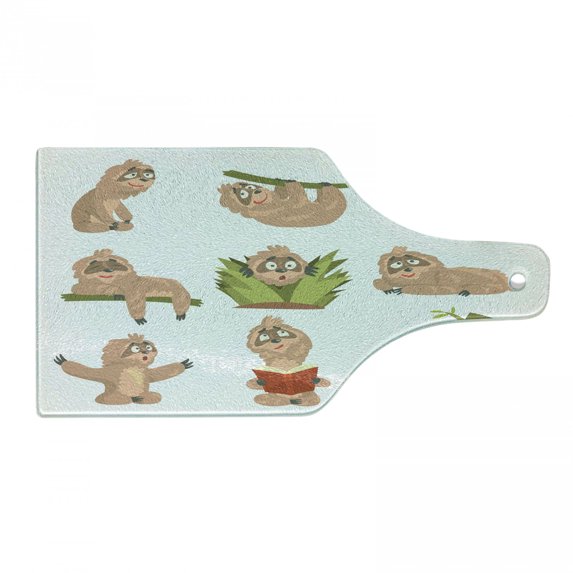 Sloth Cutting Board, Animal Cartoon Character Different Situations Emotions Funny Scared Cool, Decorative Tempered Glass Cutting and Serving Board, Wine Bottle Shape, Pale Brown Green, by Ambesonne