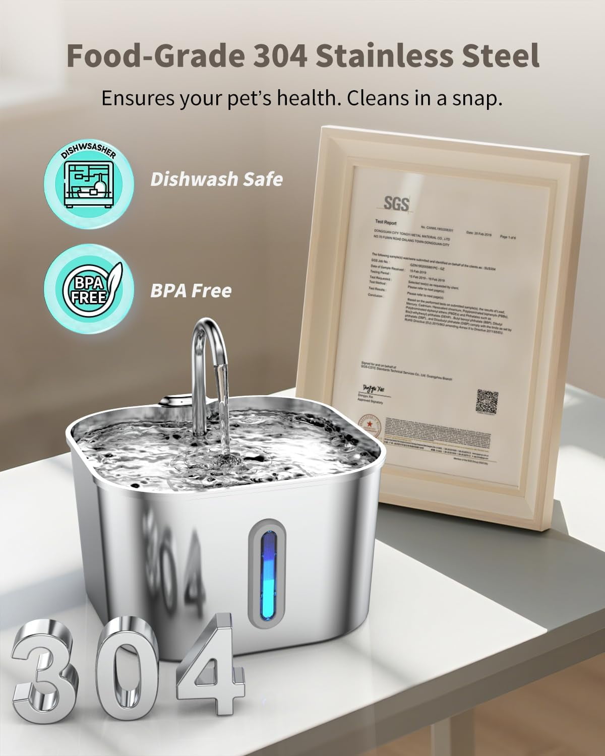 Cat Water Fountain Stainless Steel, 74oz/2.2L Cat Fountain with Quiet Pump, Automatic Pet Water Dispenser, Ideal for Multi-pet Homes, Fresh & Clean Water for Cats and Dogs