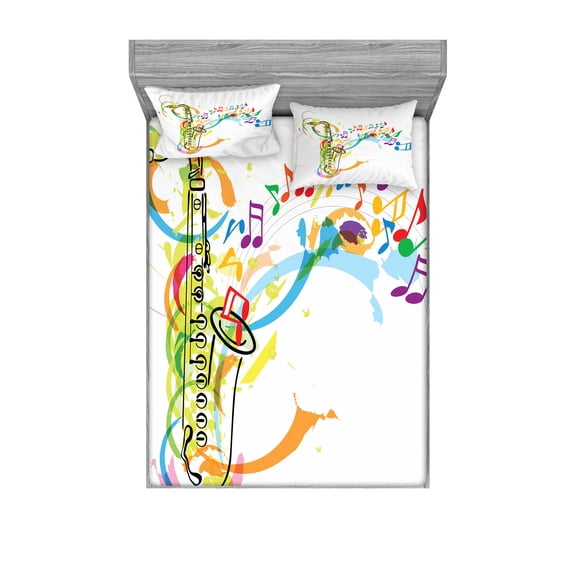 Ambesonne Colorful Fitted Sheet & Pillow Sham Set, Saxophone Wavy Notes, Full, Multicolor