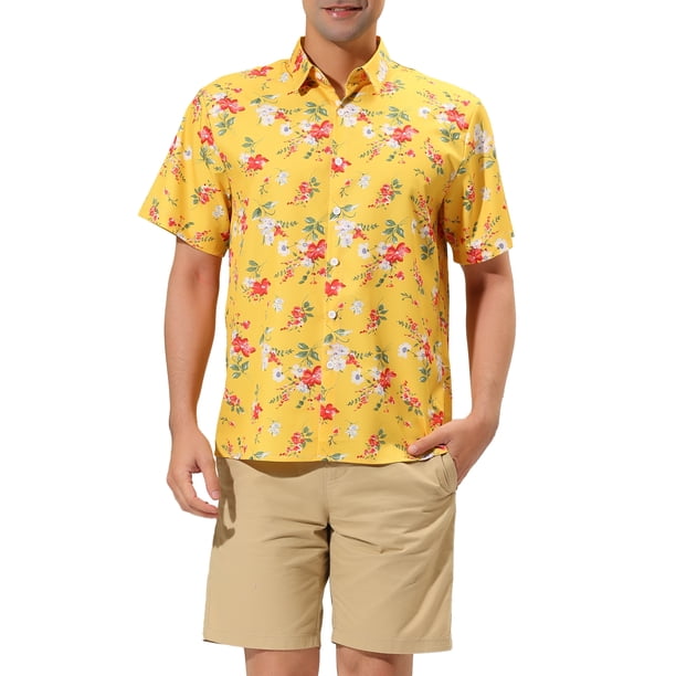 CAMISAS DE HOMBRE CORTAS DE INSPIRACIÓN CHIC, CON ESTAMPADO FLORAL, BOTONES EN LA PARTE FRONTAL, CAMISA DE PLAYA HAWAIANA, 50, AMARILLO ROJO