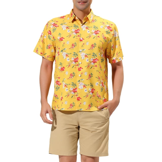 INSPIRE CHIC Chemises pour Hommes à Manches Courtes à Imprimé Floral à Boutons devant Chemise Hawaïenne de Plage 50 Jaune Rouge