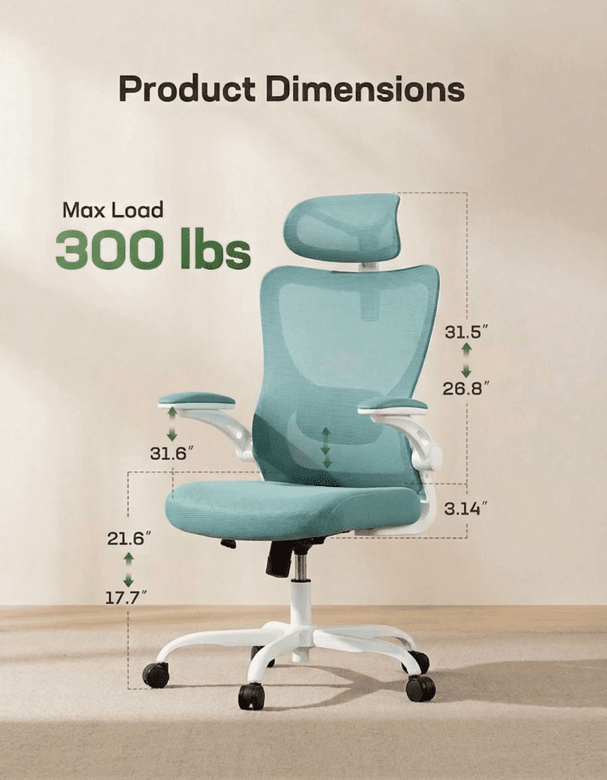 Kyspho High Back Ergonomic Office Chair with Headrest and Adjustable Lumbar Support, Mesh Desk Chair with 3D Armrests, Reclining Computer Chair for Home Office, 300 lbs Capacity