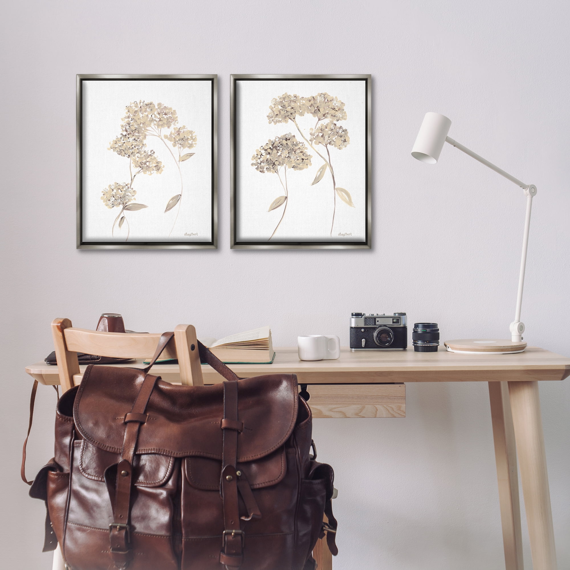 Stupell Industries Plain Beige Blossom Sprig Plants & Flowers Painting Gray Floater Framed Canvas Art Print Wall Art, 17 x 21, Set of 2