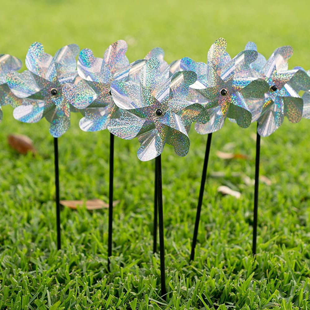 Set of 8 Fanng Bird Deterrent Pinwheels Sparkly Silver Spinners Holographic Mylar Reflection Materials Scare Birds Pests Away for Garden Party Lawn Kids Decor 