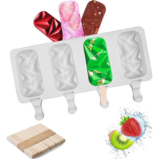 Molde de helado de silicona, molde de helado de silicona reutilizable para paletas, molde de helado de 4 celdas, ideal para hacer helado de bricolaje, con 10 palitos de madera