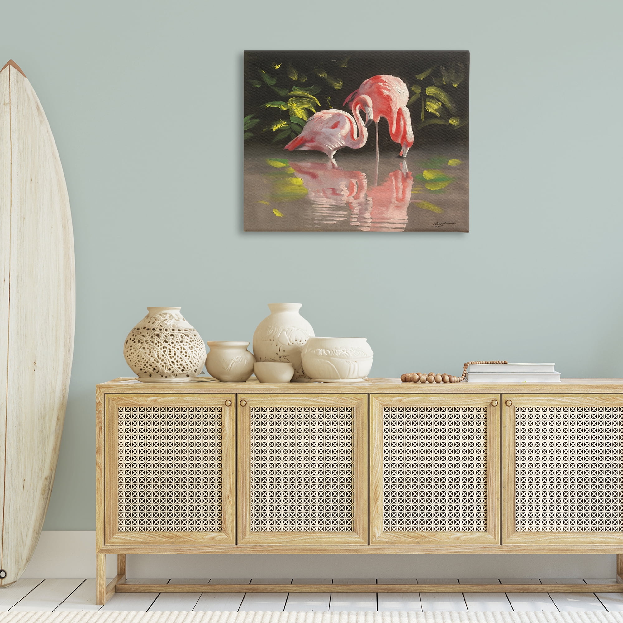 Stupell Industries Flamingos with Pond Reflection Animals & Insects Painting Gallery Wrapped Canvas Art Print Wall Art, 40 x 30