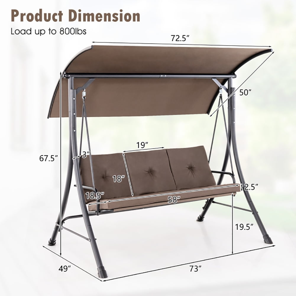 Aimee Lii 3-Seat Outdoor Porch Swing with Adjustable Canopy and Padded Cushions, Swing Chair Outdoor, Brown Aimee Lii 3-Seat Outdoor Porch Swing with Adjustable Canopy and Padded Cushions, Swing Chair Outdoor, Brown