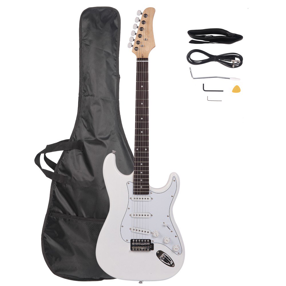 39" ST Electric Guitar for Music Lover, Rosewood Fingerboard, with Accessories Pack, Carry Bag and Shoulder Strap, Right Handed Guitar for Beginner and Intermediate Performer (White)