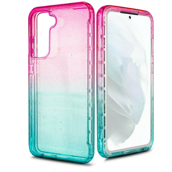 for Samsung Galaxy S21 FE Glitter Bling Full Body Built In Screen Protector Case Phone Case PU Shock Bumper Scratch Guard Skin Wrap Slim Cover