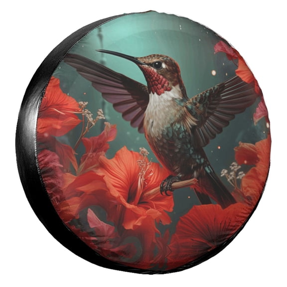 KAKALAD Hummingbird And Red Flowers 02 Spare Tire Cover Universal Vehicle Accessories Buckle Car Tools 14”in