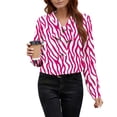 thumbnail image 2 of Women Bright Wavy Stripe Trendy Casual Blouse Tops Long Sleeve Loose Fit Silk Satin Bowknot Tie Collar Shirts Hot Pink XXL, 2 of 6