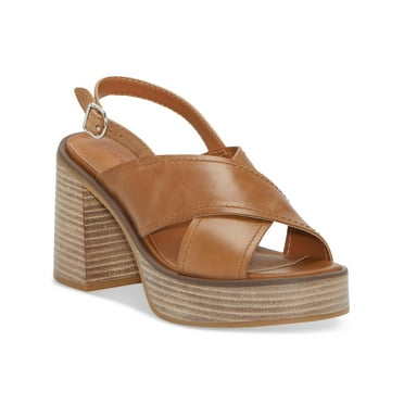 LUCKY BRAND Womens Brown 1" Platform Crisscross Straps Padded Delmie Round Toe Stacked Heel Buckle Leather Slingback Sandal 9 M