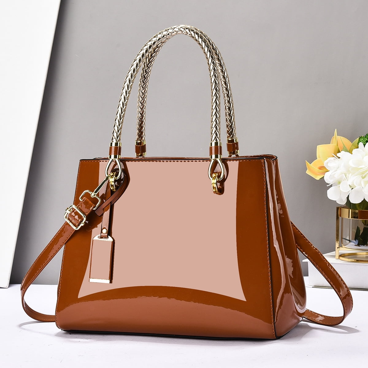 Shiny Patent Leather Crossbody for Women Push Glossy Shoulder Bag Satchel Purses Party Totes Top Handle Bags