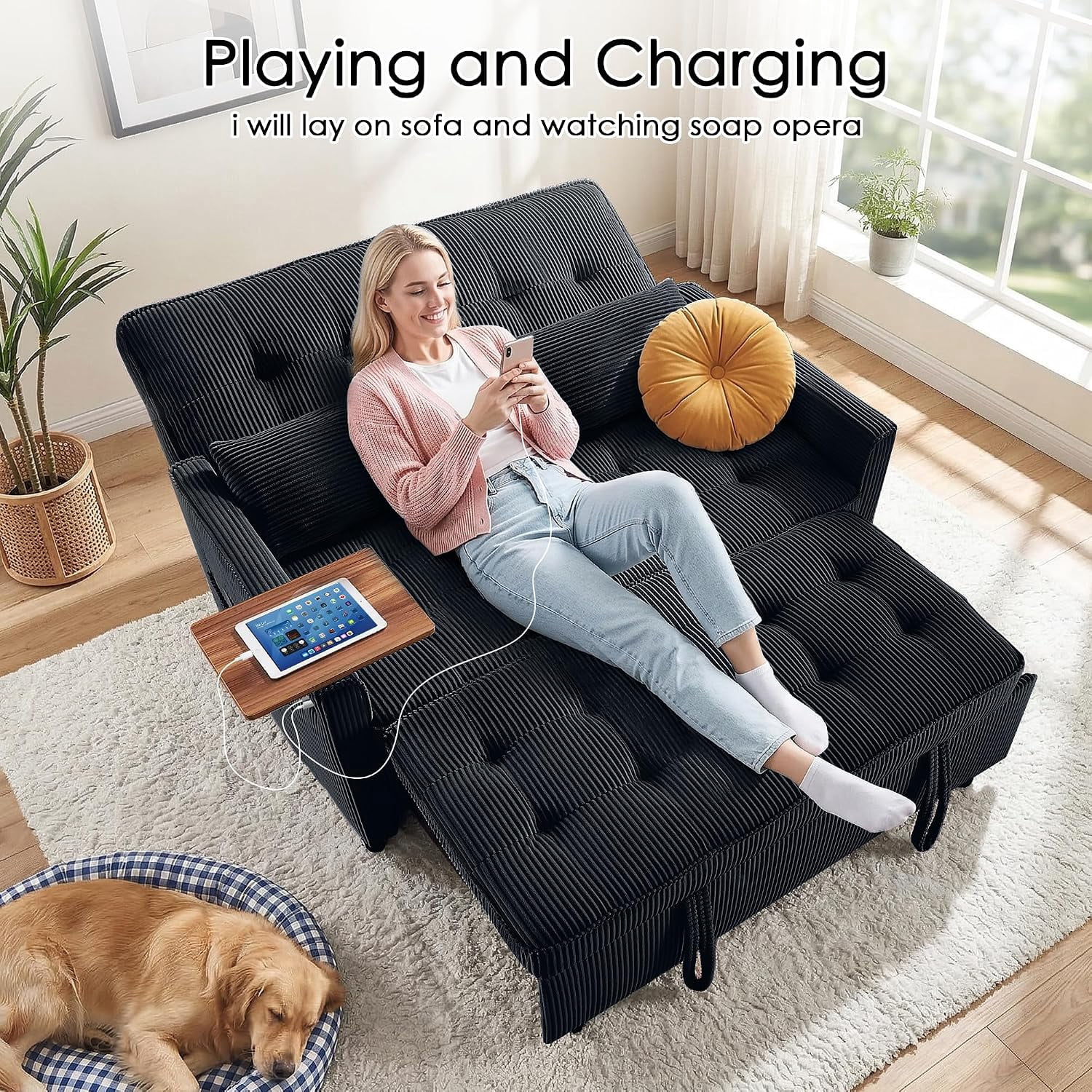 55" Sleeper Sofa Bed, Convertible Pull Out Couch with Side Stand, USB Ports, Side Pockets, Corduroy Fabric, Adjustable Backrest, Black