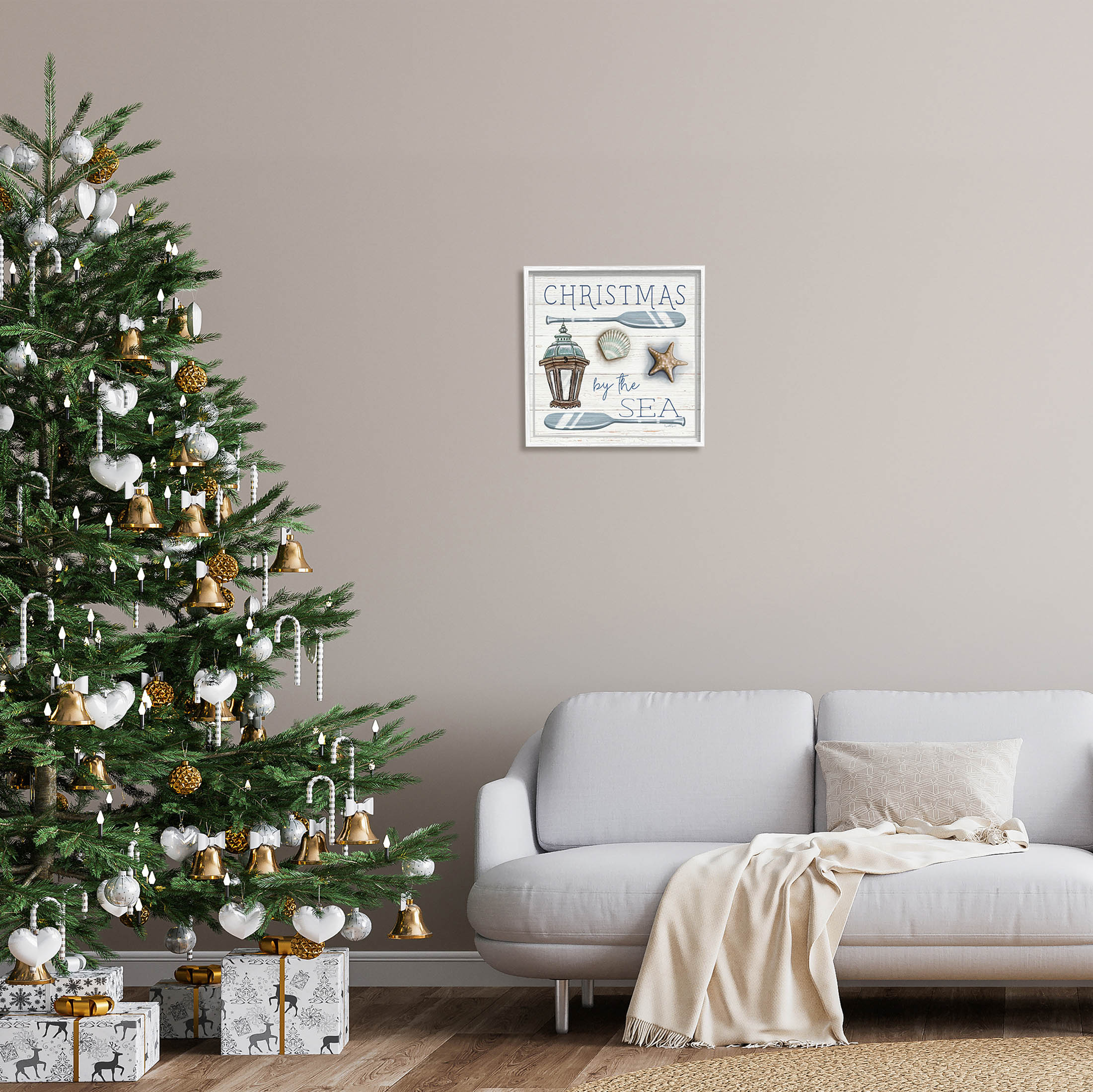Stupell Industries Christmas By The Sea Phrase Graphic Art White Framed Art Print Wall Art, Design by Elizabeth Tyndall