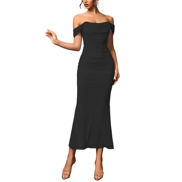 Vestido Maxi con Hombros Descubiertos, Corsé Fruncido, Ajustado, Vestidos Formales para Invitadas de Boda para Mujeres Negro M