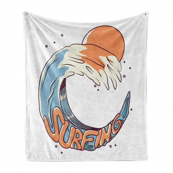 Beach Soft Flannel Fleece Throw Blanket, Surfing Typography with Giant Ocean Waves Summer Swimming, Cozy Plush for Indoor and Outdoor Use, 60" x 80", Peach Blue, by Ambesonne