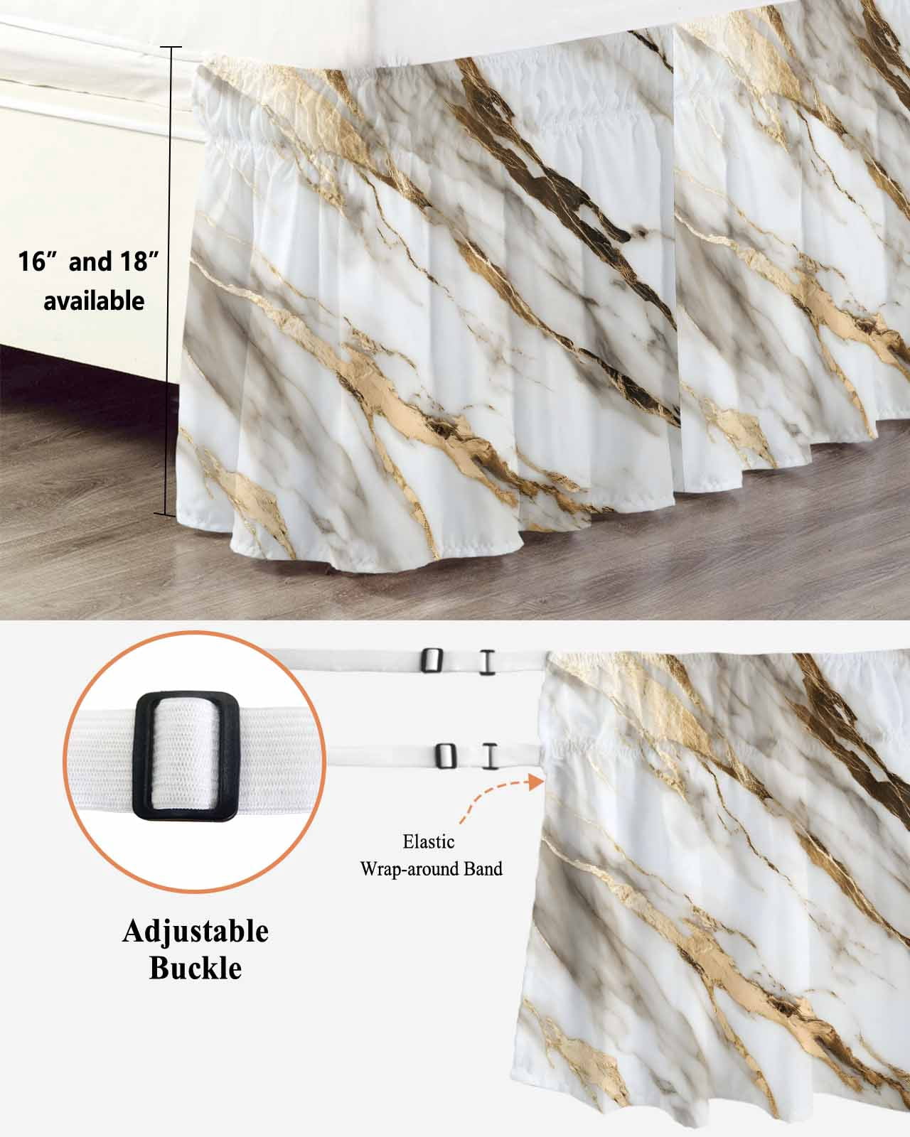 Marble Grey White Wrap Around Bed Skirts for Queen Bed 16" Drop,Bed Skirt with Adjustable Elastic Belt Dust Ruffle Bed Valance for Bedroom Hotel Abstract Cracked Crystal Gold Lines Bed Frame Cover