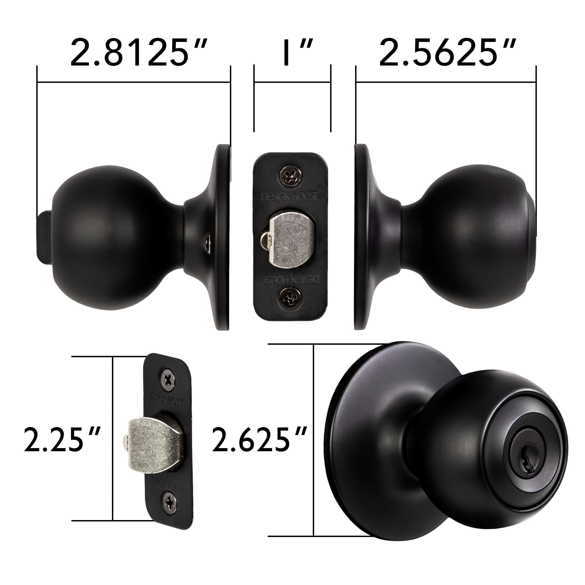 Matte Black Ball Keyed Entry Door Knob, Front and Back Door Lock with Anti-Bump 5-Pin Cylinder, Adjustable Backset