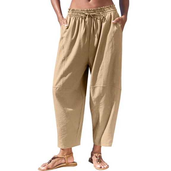 Women Solid Harem Capris Elastic Drawstring Waist Pockets Lightweight Summer Beach Holiday Casual Pants Khaki XXL