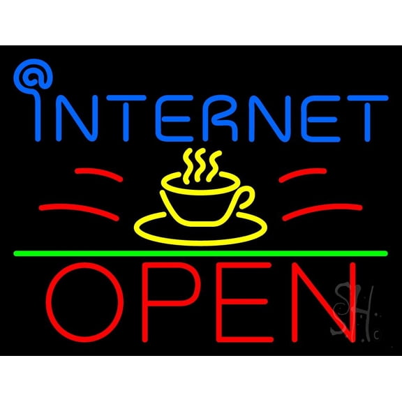 Blue Internet Cafe Open LED Neon Sign 15 x 19 - inches, Clear Edge Cut Acrylic Backing, with Dimmer - Bright and Premium built indoor LED Neon Sign for Computer & Electronics store decor.