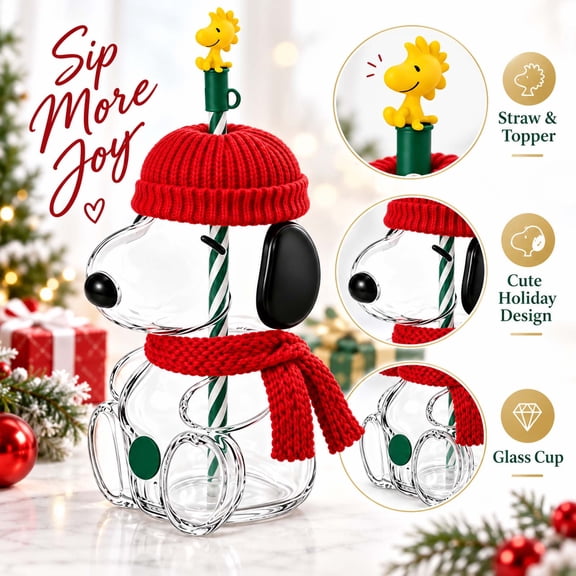 Snoo-py Inspired Cartoon Dog Glass Cup 20 oz Clear Tumbler with Straw, Red Knitted Beanie Hat and Red Scarf Decor, for Juice Milk Tea Smoothies Water, Christmas Gifts