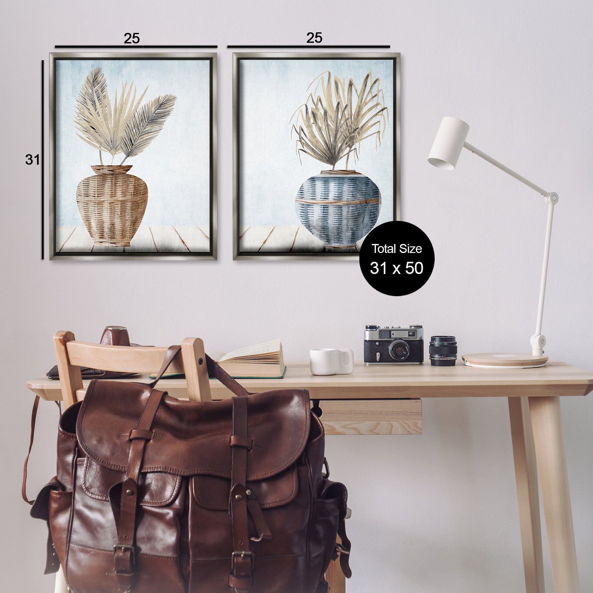 Stupell Industries Palms in Rattan Planters Floral & Botanical Painting Gray Floater Framed Canvas Art Print Wall Art, 31 x 25, Set of 2
