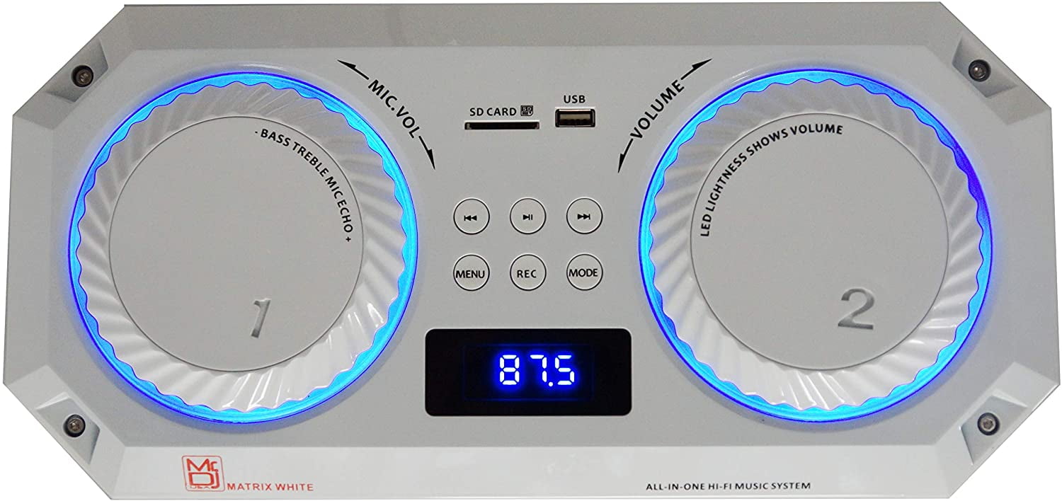 Mr. Dj Matrix White Bluetooth Speaker<br/>Wireless Bluetooth Speaker Karaoke Machine with Sound Activated Lights, FM Radio, USB/Micro SD Card, & LED Party Light Perfect for Party