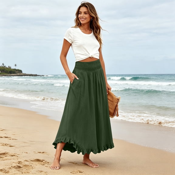 Linen Skirts for Women Midi Length Trendy Smocked Linen Maxi Skirt with Pockets High Waisted Aline Flowy Ruffle Skirt Green 2XL