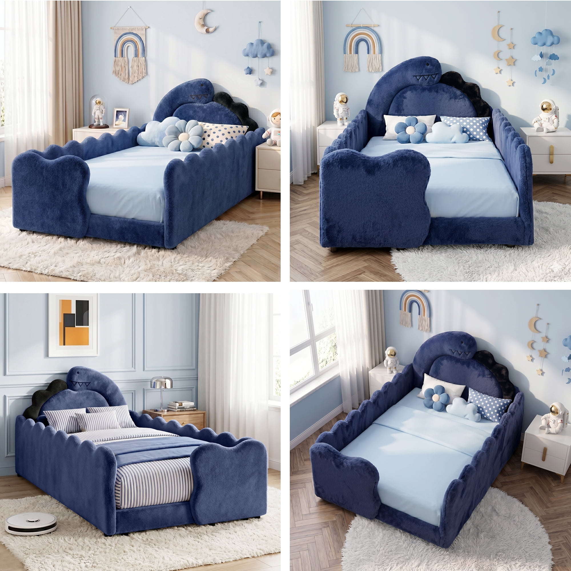 Avobird Twin Size Cute Dinosaur-Shaped Kids Bed with Safety Guardraild, Solid Wood Toddler Bed Frame for Children for Bedroom, Boucle Fabric, Navy Blue