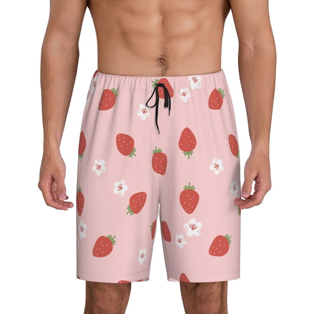 Balery Hand Drawn Strawberry Pantalones cortos de pijama de punto de algodón para hombre con cinturilla y bolsillos-4X-Large