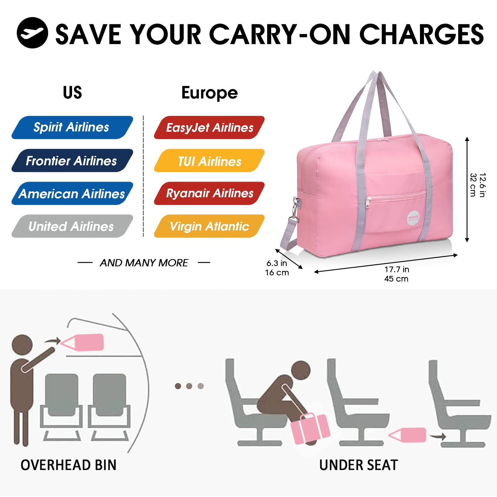 WANDF, Travel Duffel Bag, 18x14x8 Personal Item, Pink, with