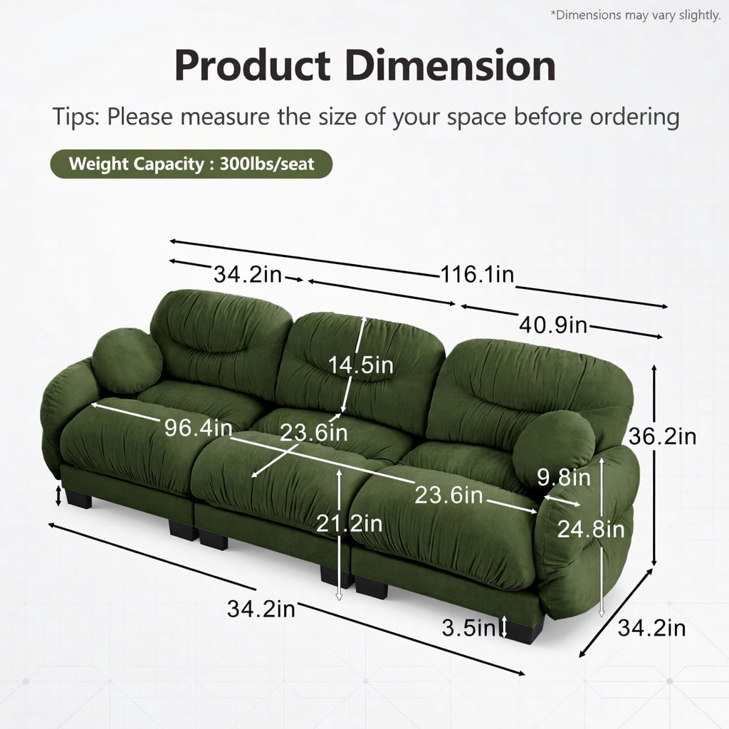 Hommoo Chenille 3-Seat Modular Sofa with Pleated Back, Ergonomic High-Density Foam Cushions, Curved Armrests & 2 Round Throw Pillows, Green
