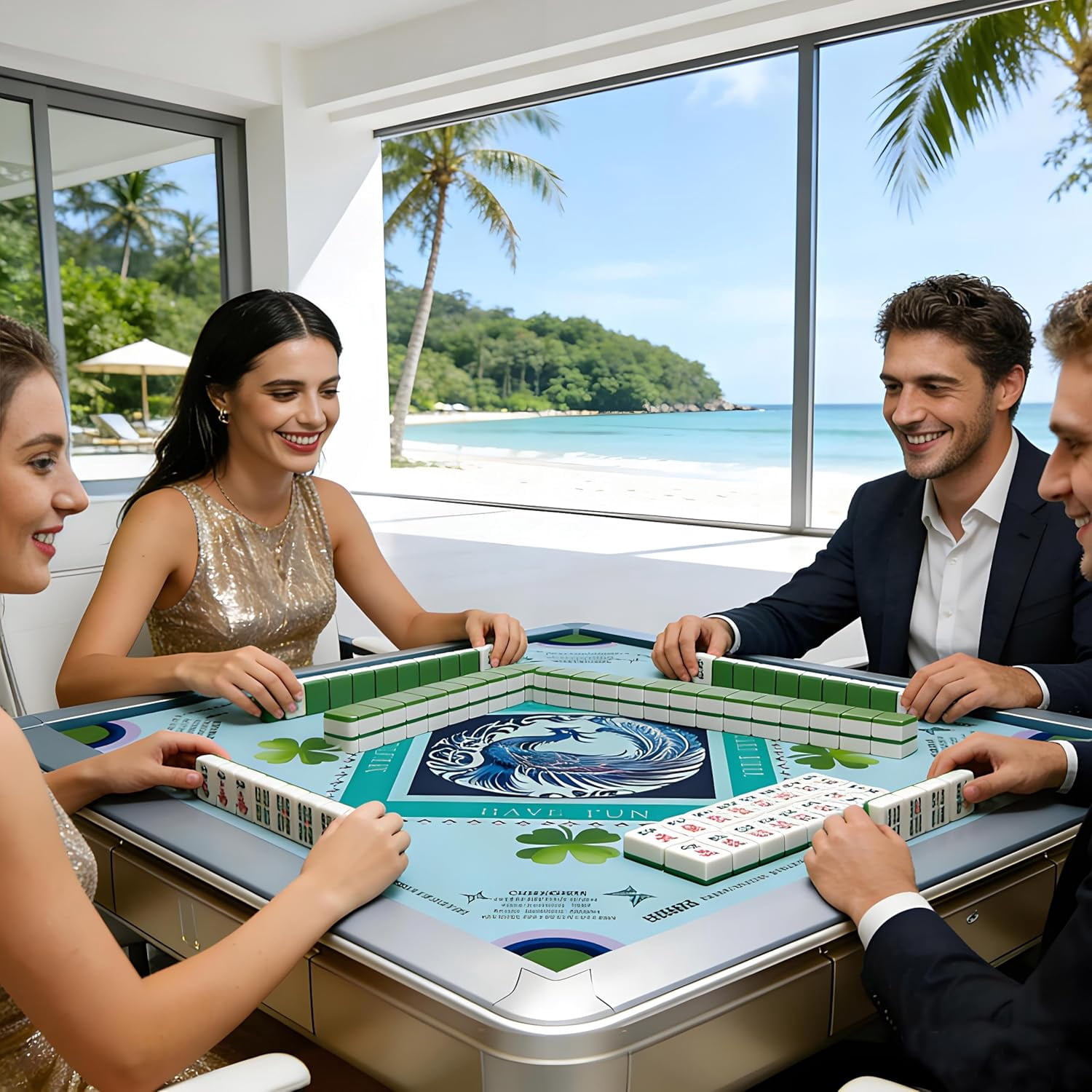 Mahjong Mat Non-Slip 31.5x31.5 Inch | Noise Reduction Game Table Mat with Carrying Bag - for Mahjong, Board Games, Dominoes, Poker Cards, Tabletop Gaming（Blue/Peacock）