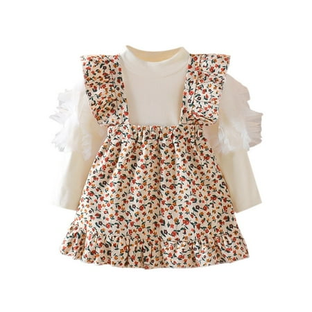 

Bullpiano 2Pcs Toddler Baby Girls Sweet Floral Dresses Kids Overall Suspender Skirt+Lace Ruffled Sleeve Top 0-3T