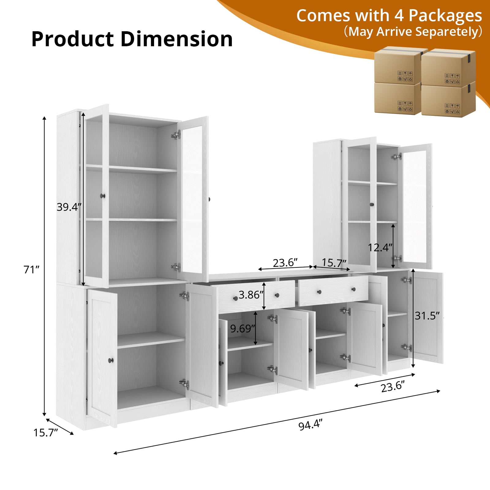 RichYa Kitchen Pantry Storage Cabinets,94.4''W Modular Furniture Cabinets with Hutch,Sideboard Buffet Cabinet with Doors and Shelves for Dining Room,Living Room,White