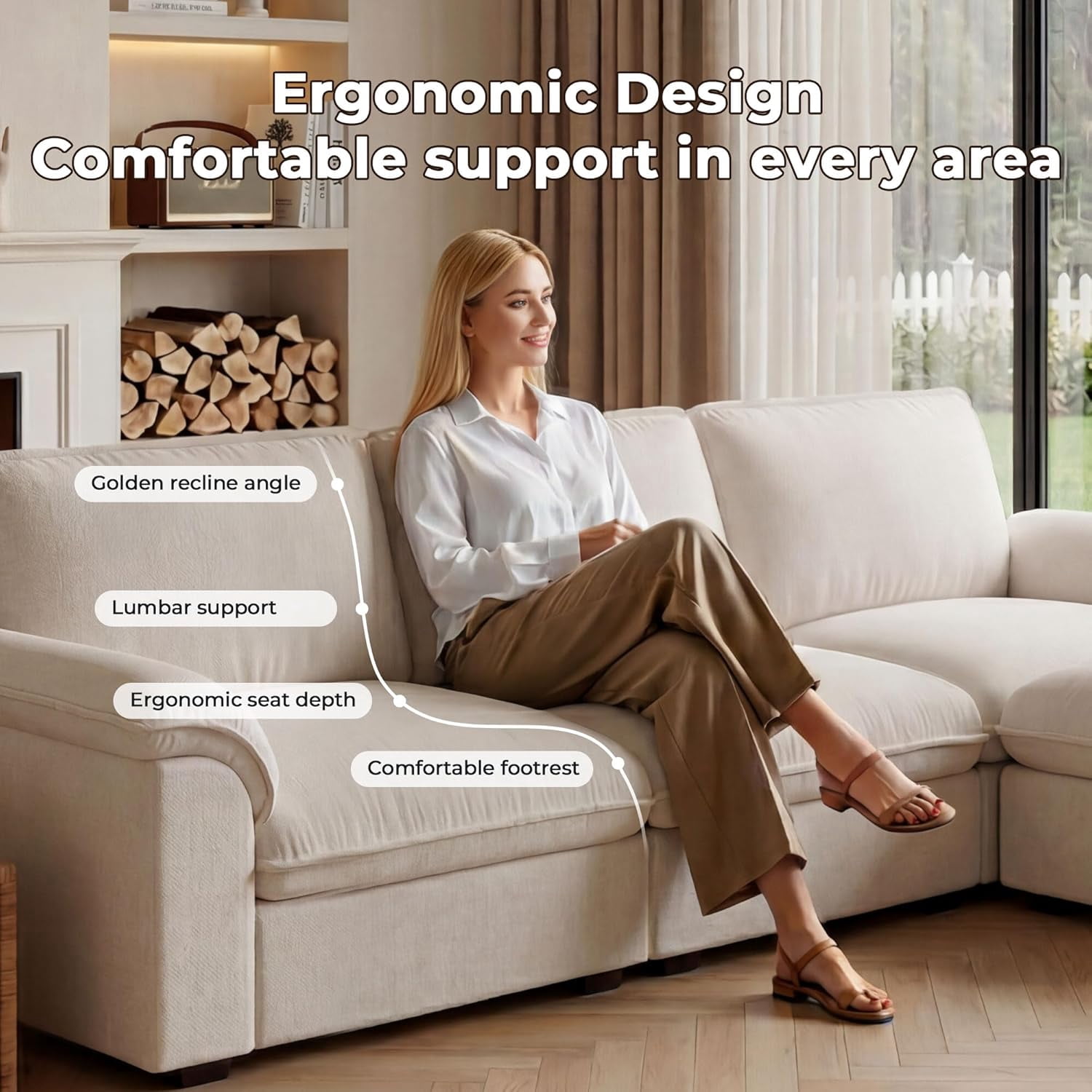 Carzzi-Life 102" Sofa Couch for Living Room, Modern Comfy Sofa with Extra Depth Seat and Ottoman, 3 Seater Chenille Couches for Living Room Apartment, Beige