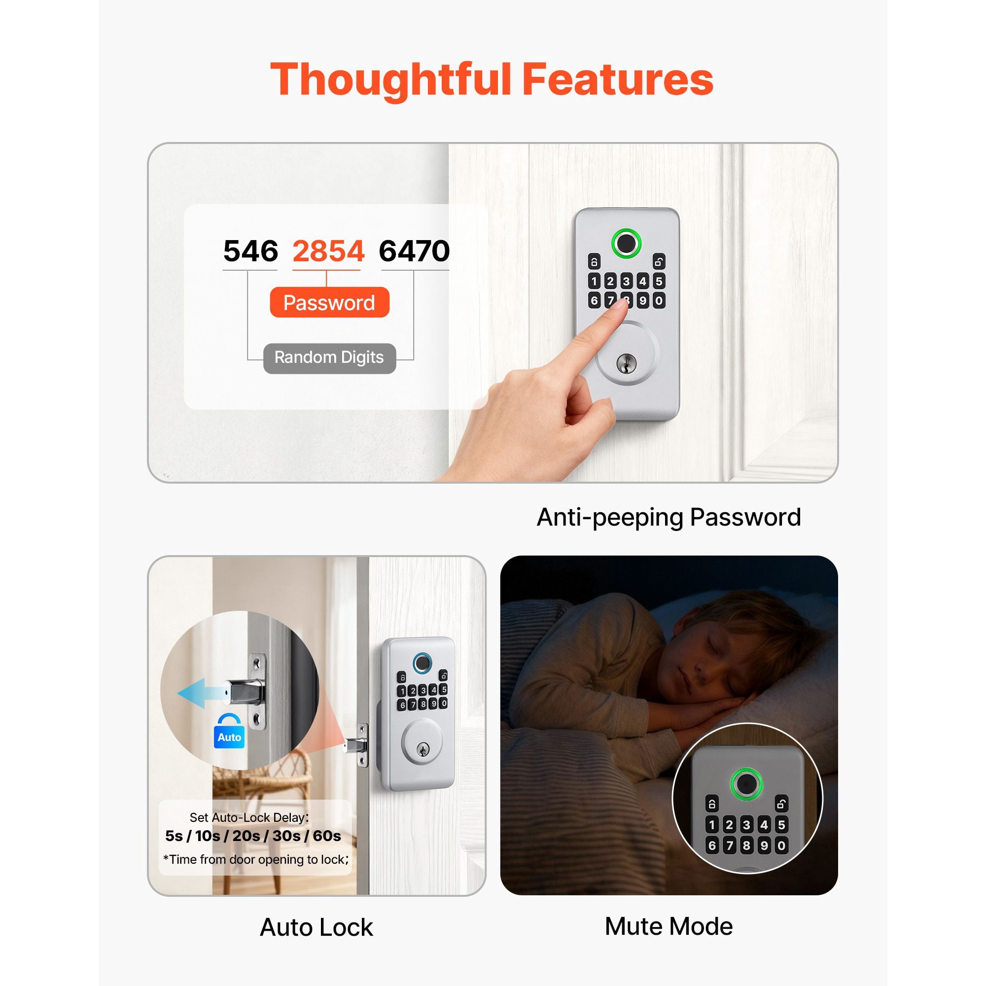 Fingerprint Door Lock, Electronic Biometric Deadbolt with Easy-Grip Design, Auto Locking, One-Time Code, Anti-Peeping, Keyless Entry for Home Apartment Silver